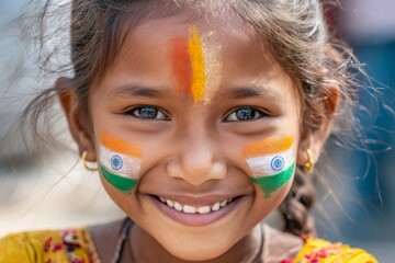 Young girl smiling with indian flag face paint