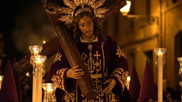 Detailed religious statue of Jesus Christ carrying the cross during a solemn Holy Week procession. Features ornate gold embroidery, candles, and hooded penitents. Traditional Catholic ceremony