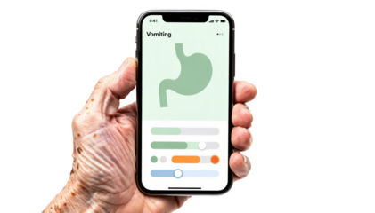 Smartphone screen showing a symptom tracking app interface for vomiting held by an elderly persons hand against a white background.