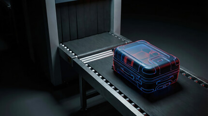 Conveyor belt transporting a suitcase at an airport security checkpoint during evening hours with focus on bag detection