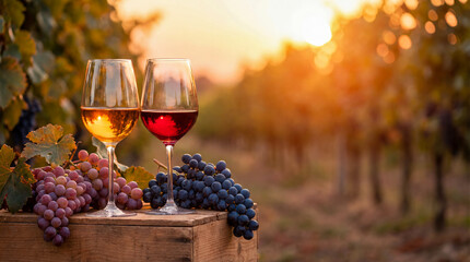 Two glasses filled with wine sit on a wooden crate beside bunches of grapes. The sun sets behind rows of grapevines, creating a warm atmosphere during harvest time.