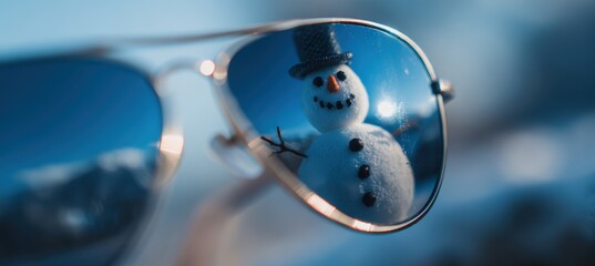 Macro Shot of Sunglasses Reflecting Snowman and Snowy Mountains in Cold Blue Hues