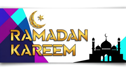 Vibrant Ramadan greeting design with crescent moon, star, mosque silhouette, and gold text