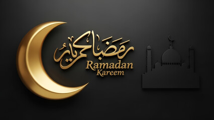 3D rendered golden crescent moon with calligraphy and a silhouette of a mosque on black background