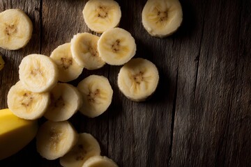 Fototapeta premium Bright, simple banana slice composition on a dark wood surface designed for versatile marketing use