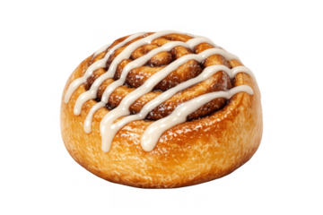 Cinnamon roll with white icing topping a sweet spiral pastry for breakfast or dessert, transparent background