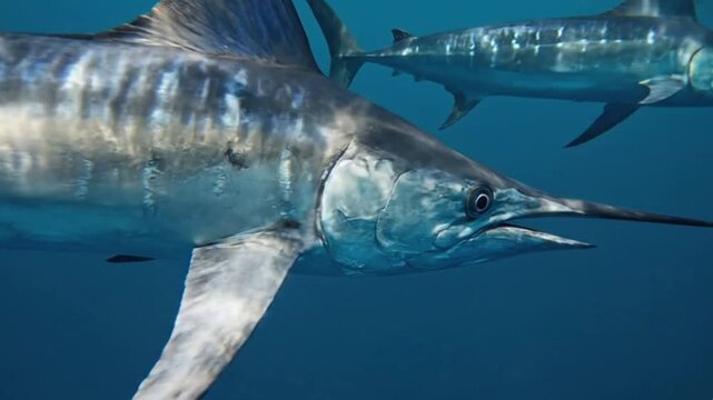 A majestic billfish glides effortlessly through the crystal-clear, deep blue ocean waters. Its sleek, powerful body, adorned with iridescent silver and blue markings, cuts through the water with preci