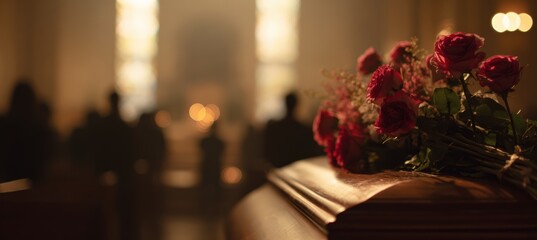 Close-Up of Roses on Casket in Softly Lit Chapel with Attendees Silhouetted