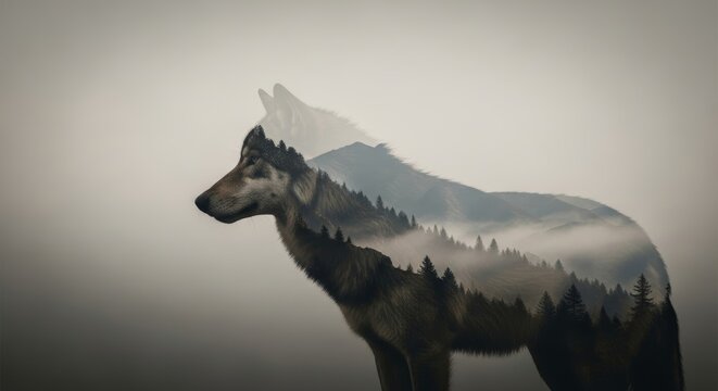 double exposure of a wolf with wolf habitat nature background, animal silhouette, animal photography, wilderness and conservation