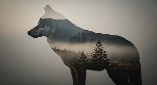 double exposure of a wolf with wolf habitat nature background, animal silhouette, animal photography, wilderness and conservation