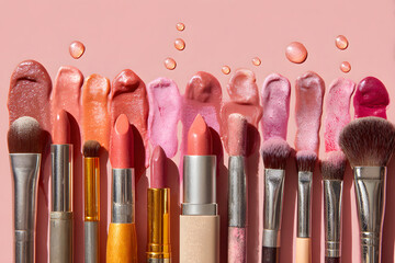 Various lip products and makeup brushes are neatly arranged on a pink surface