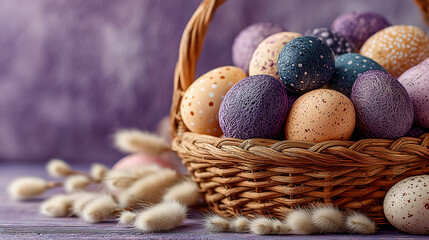 A woven basket is filled with colorful, speckled Easter eggs in pastel shades of purple, blue, yellow, and orange, surrounded by soft willow branches.