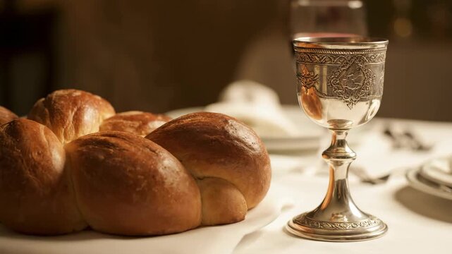 Authentic Jewish Shabbat dinner table featuring fresh braided Challah bread and a traditional ornate silver Kiddush cup. Atmospheric warm lighting for religious celebration and faith themes.