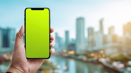 Hand Holding Smartphone with Green Screen Against Blurred City Skyline