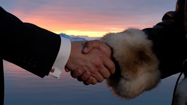 Diplomatic handshake between a US official in a suit and a Greenlandic person in a parka at sunset. Symbolic image of annexation, strategic partnership, and Arctic geopolitics