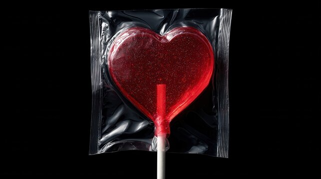 Sparkling deep red heart shaped lollipop sealed tightly inside clear plastic wrapper against black