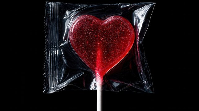 Sparkling red heart-shaped lollipop candy sealed tightly in clear plastic wrapper