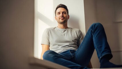 Fototapeta premium Young man sits in bright room with large window and smiles while relaxing on steps