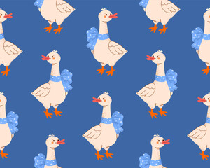 Endless repeating seamless pattern featuring cute white geese with blue polka-dot bow around their necks. Cute childish vector illustration for textile backgrounds and wrapping paper.