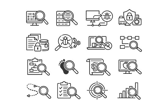 Vector forensics data breach investigation cue digital preservation icon attack step icons