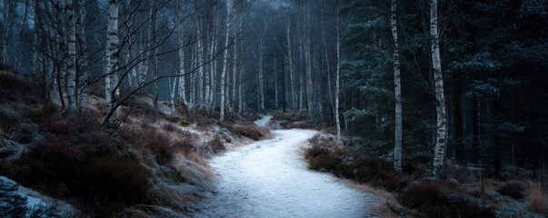 Tranquil winter scene of a narrow snow-dusted trail leading through a quiet birch grove, surrounded by leafless white-trunked trees and cold blue shadows in a peaceful woodland setting.