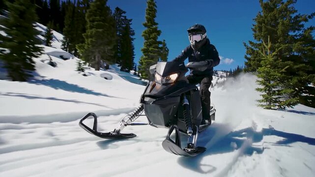Person in black gear riding a snowmobile on a snowy trail with majestic mountain peaks and a clear blue sky in a breathtaking winter scene