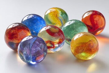 Fototapeta premium Macro close-up of rainbow glass marbles against a white backdrop