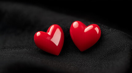 Obraz premium Two Red Glossy Hearts on Black Fabric Background