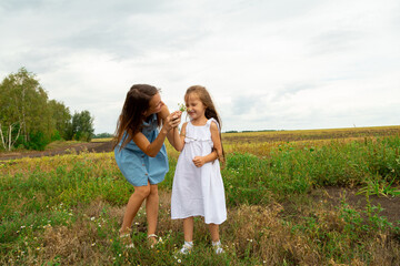 Mother and daughter picking daisies in a field on a summer day