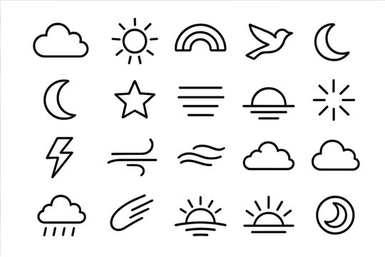 Line Style Sky Icons. Line style icons of Skyscapes: cloud, sun, rainbow arc, bird, moon, star, mist, horizon, lightning, sky