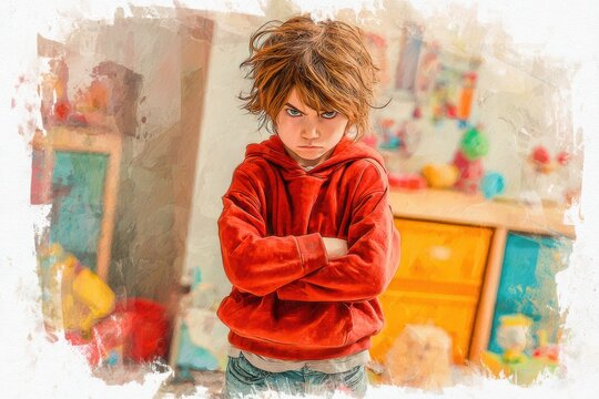 Expressive digital painting of a young kid showing anger, crossed arms and flushed cheeks