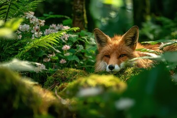 Fototapeta premium Gentle forest habitat: red fox among ferns and mossy rocks