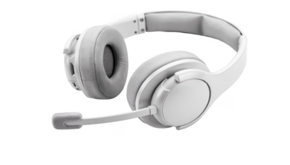 Closeup of a headset on a clean white background representing remote audio communication between an audiologist and patient for CAPD progress tracking.