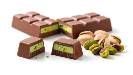 Milk chocolate bar with pistachio cream filling, broken pieces showing green center and whole pistachios on white background, gourmet dessert for confectionery branding.