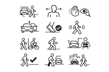 Awareness vigilance sidewalk icon pedestrian vector check step car crossing urban