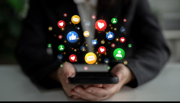 Concept of digital marketing and online communication. A network of user engagement is shown through social media feedback notifications which helps build a strong community. Fermion