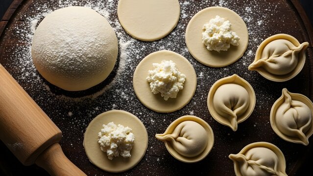 Raw sweet dough for homemade Christmas cookies and traditional pastry baking on a kitchen table with flour closeup - Powered by Adobe