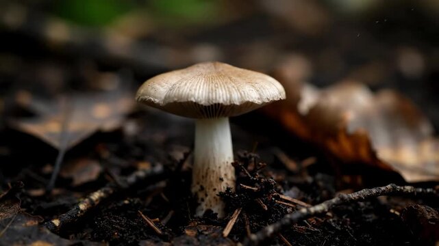 A wild edible boletus mushroom with a brown cap grows in the green moss and grass of an autumn forest, captured in a macro close-up showing the beauty of fungi in nature
