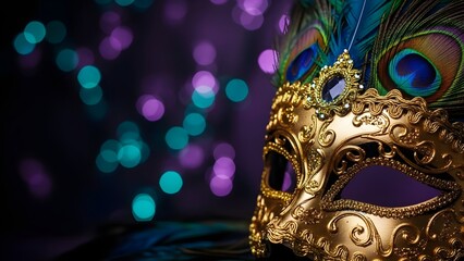Golden carnival mask with peacock feathers and intricate details on dark purple background with teal bokeh lights for Mardi Gras celebration and masquerade ball invitation