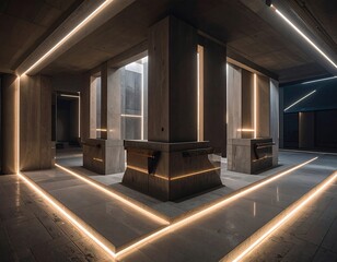 Futuristic Interior Design with Geometric Lighting and Minimalist Furniture.