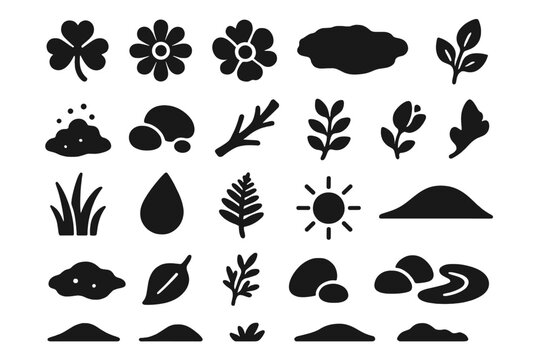 Natural Field Icons. Solid style icons of Natural Field Elements: clover patch, daisy flower, buttercup bloom, moss mat, soil clod