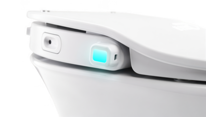 Closeup of a glowing indicator light on a sensorenabled toilet seat emphasizing innovative health tracking features in a sleek bathroom device.