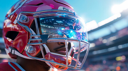 Vibrant close-up of modern American football player in striking red helmet, featuring high-tech holographic visor reflecting futuristic, immersive game experience with dynamic neon lights and intense 