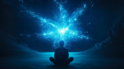 Fototapeta premium Solitary silhouette meditating under breathtaking cosmic explosion of brilliant blue light in dark, mysterious cave landscape, symbolizing enlightenment and inner power.