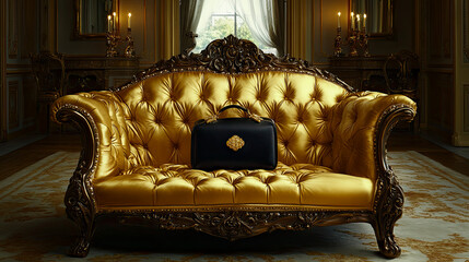 Sophisticated black luxury handbag featuring ornate golden hardware, elegantly displayed on magnificent tufted gold velvet sofa within sumptuously decorated opulent chamber, exuding timeless grandeur.