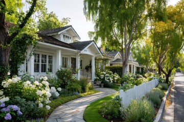 Charming Craftsman homes with expansive porches, lush gardens, and towering shade trees