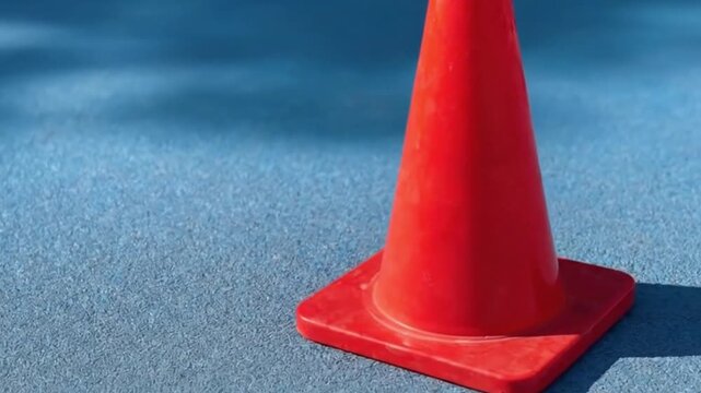 A vibrant red traffic cone stands prominently on a bright blue, textured outdoor surface, possibly a sports court or training track. The scene is illuminated by natural daylight, casting a distinct sh