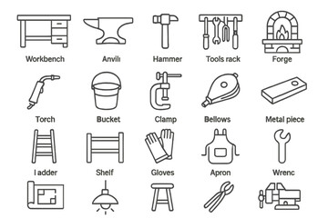 Naklejka premium Workshop Tools Icons. Line style icons of workshop details: workbench, anvil, hammer, tools rack, forge, torch, bucket, clamp,