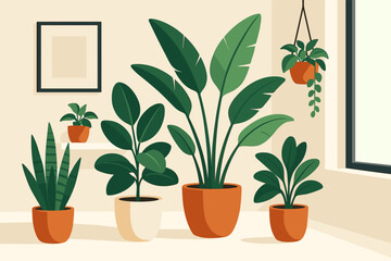 Fototapeta premium Modern Home Plants. Vibrant potted plants arranged in a minimalistic modern home interior, sharp and clean vector illustration