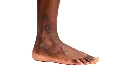 Darkskinned leg photo showing faint digitally marked bruises with minimal labeling on a clean white background symbolizing early signs of easy bruising for health assessment.